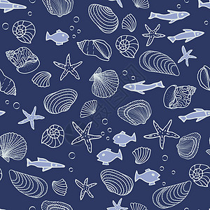 无缝模式 有鱼图标 贝壳 蓝底海星墙纸插图盐水艺术纺织品手绘打印产品蓝色野生动物图片