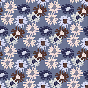 无缝模式 蓝色背景上有多彩花色叶子草地花瓣艺术草本植物植物学纺织品墙纸乡村野花图片