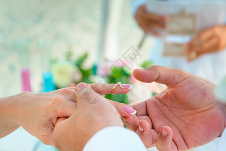 新婚夫妇的手 在婚礼仪式上 穿戴婚戒 结婚戒指交换婚姻妻子庆典面纱套装手指已婚女性新娘图片
