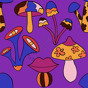 无缝手画图案和嬉皮花蘑菇一样 以橙色紫蓝色红颜色 1960年代的回溯性老作风格 带有幻觉催眠元素的三纹野生明亮背景旅行卡通片绘画图片