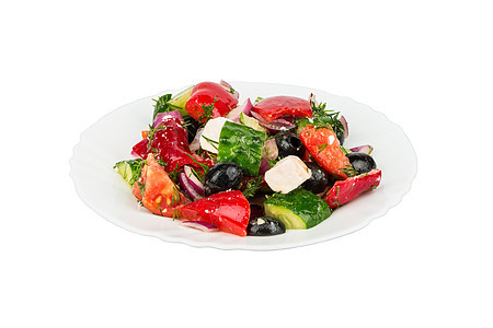 新鲜希腊沙拉叶子洋葱白色午餐黄瓜红色食物绿色胡椒蔬菜图片