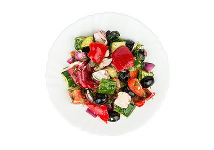 新鲜希腊沙拉午餐食物绿色美食黄瓜洋葱胡椒白色叶子红色图片