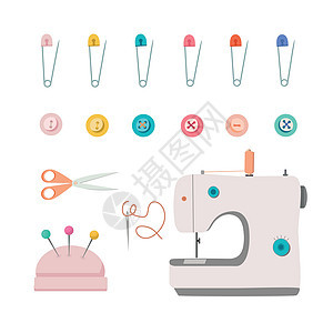 缝缝合配件 白色背景隔离的矢量插图装饰品裁缝按钮刺绣磁带剪裁机器顶针纺织品别针图片