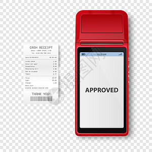 矢量 3d 红色 NFC 支付机和纸质支票 收据隔离 WiFi 无线支付 POS 终端 银行支付非接触式终端的机器设计模板 样机图片