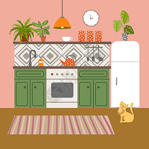 厨房内 厨房内 漂亮的矢量图解家具烤箱炊具烹饪房间椅子家庭厨具食物盘子图片