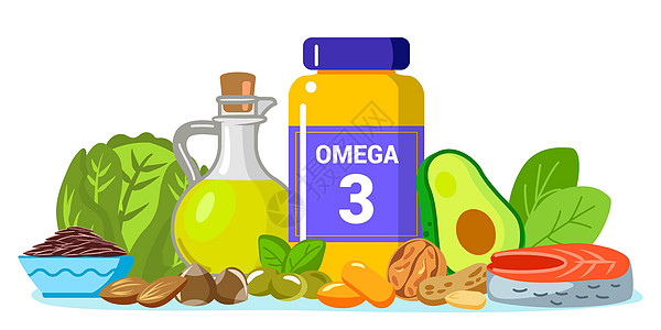 亚麻籽Omega 3脂肪概念食品补充和保健养分菠菜胶囊卡通片药品营养插图蔬菜生物植物插画