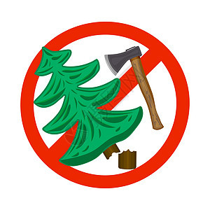 有斧头和树的标志 禁止砍伐森林树桩危险邮票圆圈外科禁令警告木头卡通片插图图片