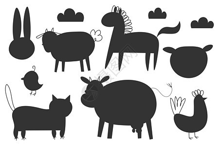 农场动物剪影 孤立在白色背景矢量图上 绵羊 兔子 母鸡 猪 牛 马 农场 繁殖 标志 标志的国内卡通动物符号的收集载体 每股收益图片