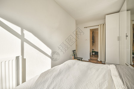 配有时装装饰和床铺的卧室日光植物公寓家具风格毯子框架装饰品窗户床头图片