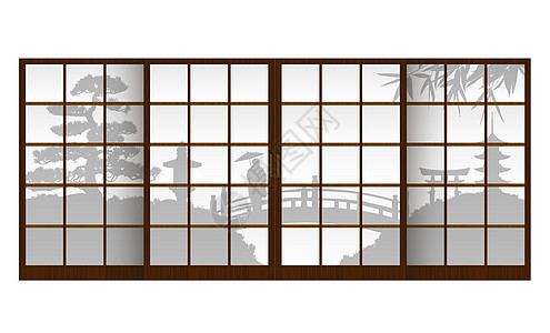 横穿日本传统门窗hoji矢量插图的日本花园环影花园风景观光神社历史框架寺庙旅行树木季节图片