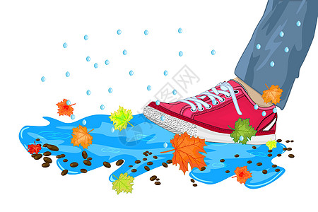 脚上有鞋 水坑 树叶和雨滴 在白色背景中被孤立季风插图季节路面漩涡卡通片下雨预报运动鞋气象图片