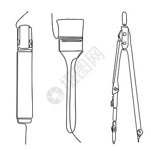 白色背景上的标记 刷子和罗盘图标 矢量图解 绘制连续线条 行样式图片