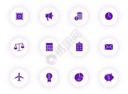 光圆按钮上的紫色矢量图标的商务图标集记事本互联网推介会界面公文包事项办公楼设计人士图片