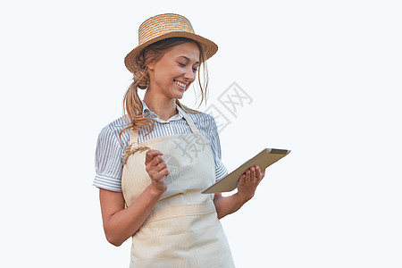 身穿围裙 有数字片白底白板背景的妇女 穿制服的高加索中年女商业主快乐专家服务女性服务员发型职员控制创新草帽图片