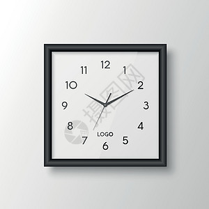 矢量 3d 逼真方形墙壁办公室时钟与黑色框架 设计模板隔离在白色 使用罗马数字拨号 用于品牌和广告隔离的挂钟模型 钟面设计发条倒图片