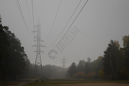 张家界森林塔秋雾林中高功率线的高度电线背景