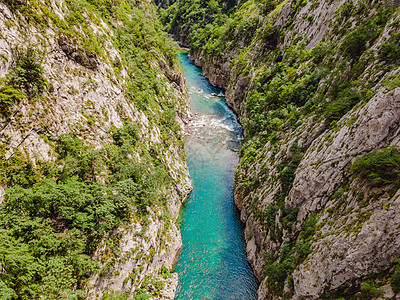 莫拉卡河的绿松石色最纯净的水流过峡谷 周游黑山概念风景旅游蓝色生态假期村庄地标流动风光旅行背景图片