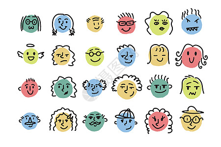 不同的情感和情绪 画简单的圆面手画的卡通涂鸦风格铅笔喜悦漫画草图插图团体眼睛微笑笑脸卡通片图片
