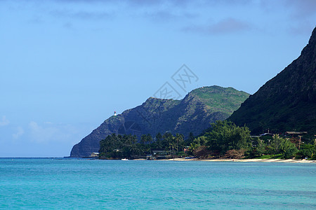 瓦伊马纳洛海滩 海湾和马卡普点与在悬崖山可见的玛卡普乌灯塔海景蓝色海岸海岸线码头热带海洋晴天天空阳光图片