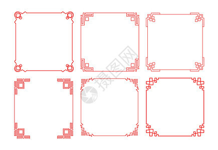 一套抽象的中国框架金子正方形插图圆圈传统边界标签装饰品红色艺术图片