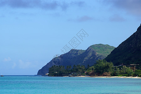 瓦伊马纳洛海滩 海湾和马卡普点与在悬崖山可见的玛卡普乌灯塔海景蓝色海洋灯塔阳光热带晴天天空码头海岸线图片