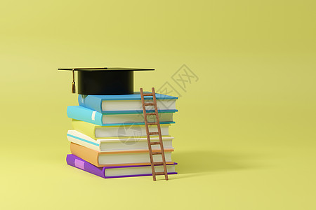 藏着梯子和黑色平方学术帽的堆叠书籍 顶部与黄色背景隔绝 3D图片