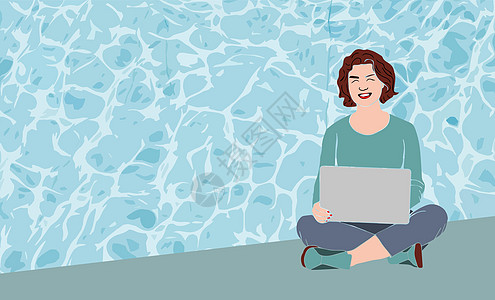 女性游泳池点赞自由职业者在休息彩色矢量插图中用笔记本电脑 抽象游泳池和工作女士 3D 图标躺在橡胶圈中的女程序员设计图片