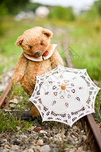 小可爱棕褐色泰迪熊 坐在废弃铁路上的铜锅里孩子们动物悲伤童年朋友惊喜玩具爱好礼物最好的朋友图片