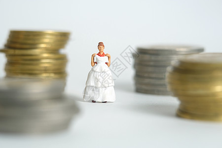 新娘婚纱预算 迷你人物插图概念 女性站在硬币钱堆中间 图像照片 图片和照片马夫贷款女士传统妻子现金幸福金融花束裙子图片