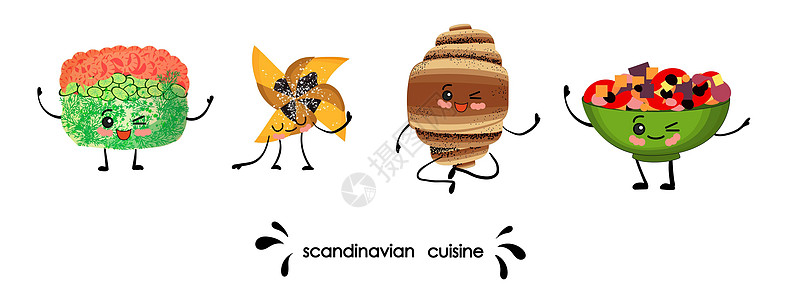 芬兰总统府一套盘子 斯堪的纳维亚国家烹饪品 曼加人物 川井沙拉插画