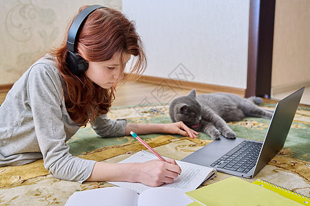 学耳机的少女和猫用笔记本电脑躺在地上学习阅读地面小猫教育孩子动物女性学校工作瞳孔图片