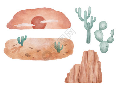 水色沙漠景观 Cactus 插图 孤立于白色 野生西部图片