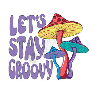 以迷幻致幻致幻 多彩的嬉皮蘑菇为反向插图 70年代的蘑菇用字母方式在长发中飞动 让我们保持光滑-T恤印图片