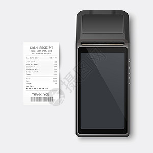 矢量 3d 黑色 NFC 支付机和纸质支票 收据隔离 WiFi 无线支付 POS 终端 银行支付非接触式终端的机器设计模板 样机图片