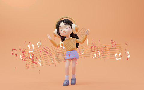 小姑娘听卡通风格的音乐 3D演艺笔记歌曲女孩女性喜悦闲暇渲染青少年快乐插图图片