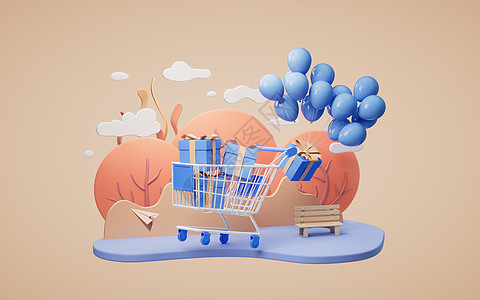 配有卡通风格的气球 3D翻版的礼品盒节日包装装饰品电子商务公园场景促销店铺娱乐问候语图片