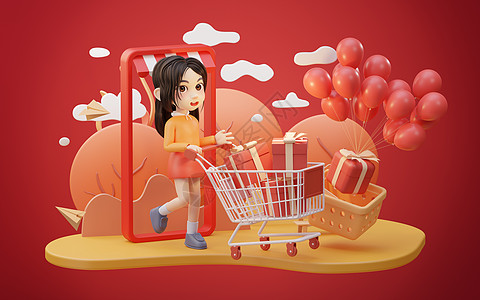 女孩购物主题与卡通风格 3D造型电子商务消费者营销庆典女士顾客渲染购物者微笑折扣图片
