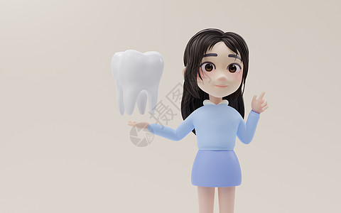 小姑娘用卡通风格 3D造型来展示牙齿模型插图孩子女孩青少年渲染卫生矫正牙医女性棕榈图片
