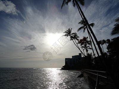 在马卡莱伊海滩公园海墙发生海浪碰撞时 Waikiki水域上日落图片