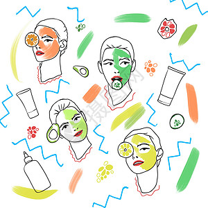 收集水果和蔬菜面罩 对女孩的化妆性皮肤护理 涂鸦图片