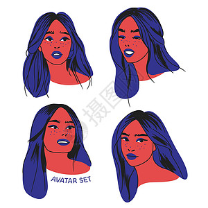 设置一个女孩的画像 她有着不同角度的蓝色头发 面部表情和面部涂鸦图片