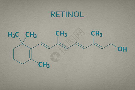 A 纸质背景上的维他命A Retinol 3d分子 维他命骨骼配方图片