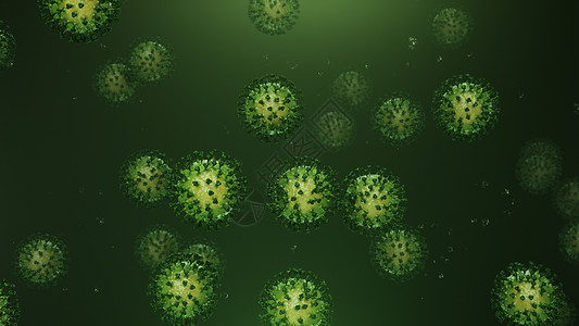 3d 使飞翔的绿色日冕病毒与颗粒相伴发烧抗生素蓝色细菌微生物学感染药品生物细胞预防图片