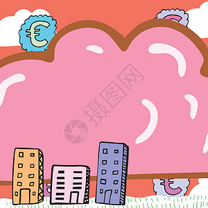 在云的形状写的重要消息有欧元的在背景和大厦签字 多云形式的重要信息 周围有符号和房屋墙纸艺术成功产品图形学习卡通片创造力技术科学图片