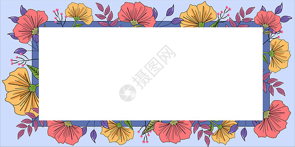 周围有叶子和花朵的框架和里面的重要公告 到处都是不同植物的框架和重要信息 有最近想法的花盒风格蓝色邀请函婚礼花瓣涂鸦庆典收藏设计图片