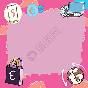在框架中提出的重要信息与膝上型电脑 手机 地球和周围的购物袋 框架中显示的重要信息 侧面有手机和计算机涂鸦技术卡通片墙纸季节金融图片