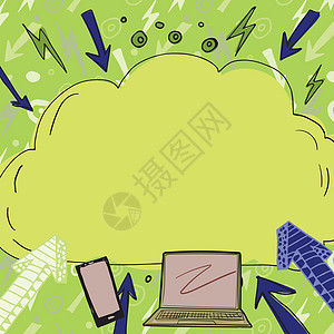在膝上型计算机 手机 箭头和闪电上方的云中写的重要消息 手机和电脑在多云框架中呈现的重要信息办公室卡通片商业电脑显示器创造力教育图片