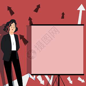 在演示板上展示重要信息 穿西装的女人在面板上显示重要信息 背景中有箭头 显示新想法办公室推介会成就人士教育绘画卡通片计算机领导职图片