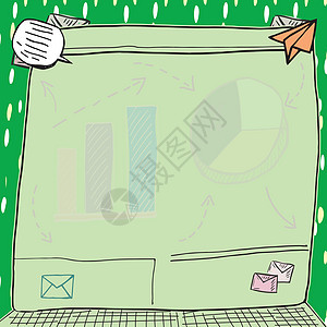重要信息显示在屏幕上 带有图表 图形和电子邮件 S 重要信息显示在带有箭头的笔记上 显示关键公告电脑投资金融卡通片涂鸦绿色数据生图片