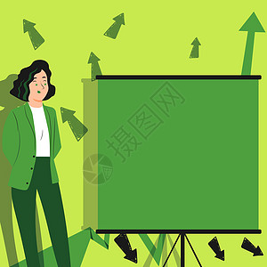 在演示板上展示重要信息 穿西装的女人在面板上显示重要信息 背景中有箭头 显示新想法金融进步套装经理绘画商务老师男人推介会创造力图片